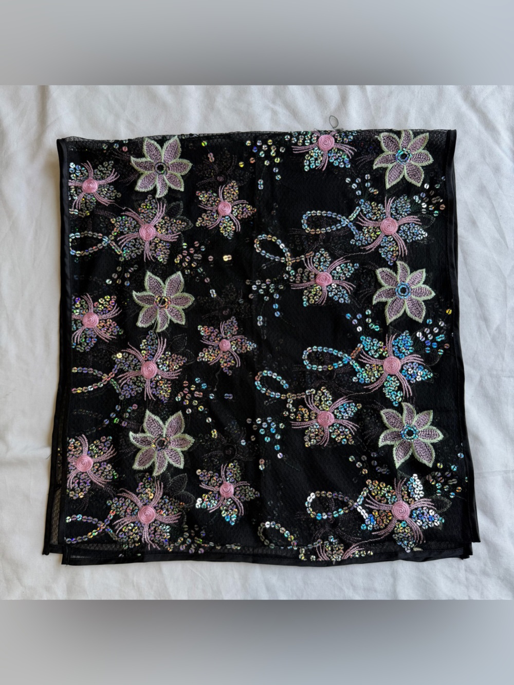 Embellished Black Floral Sequin Scarf with Pink Accents